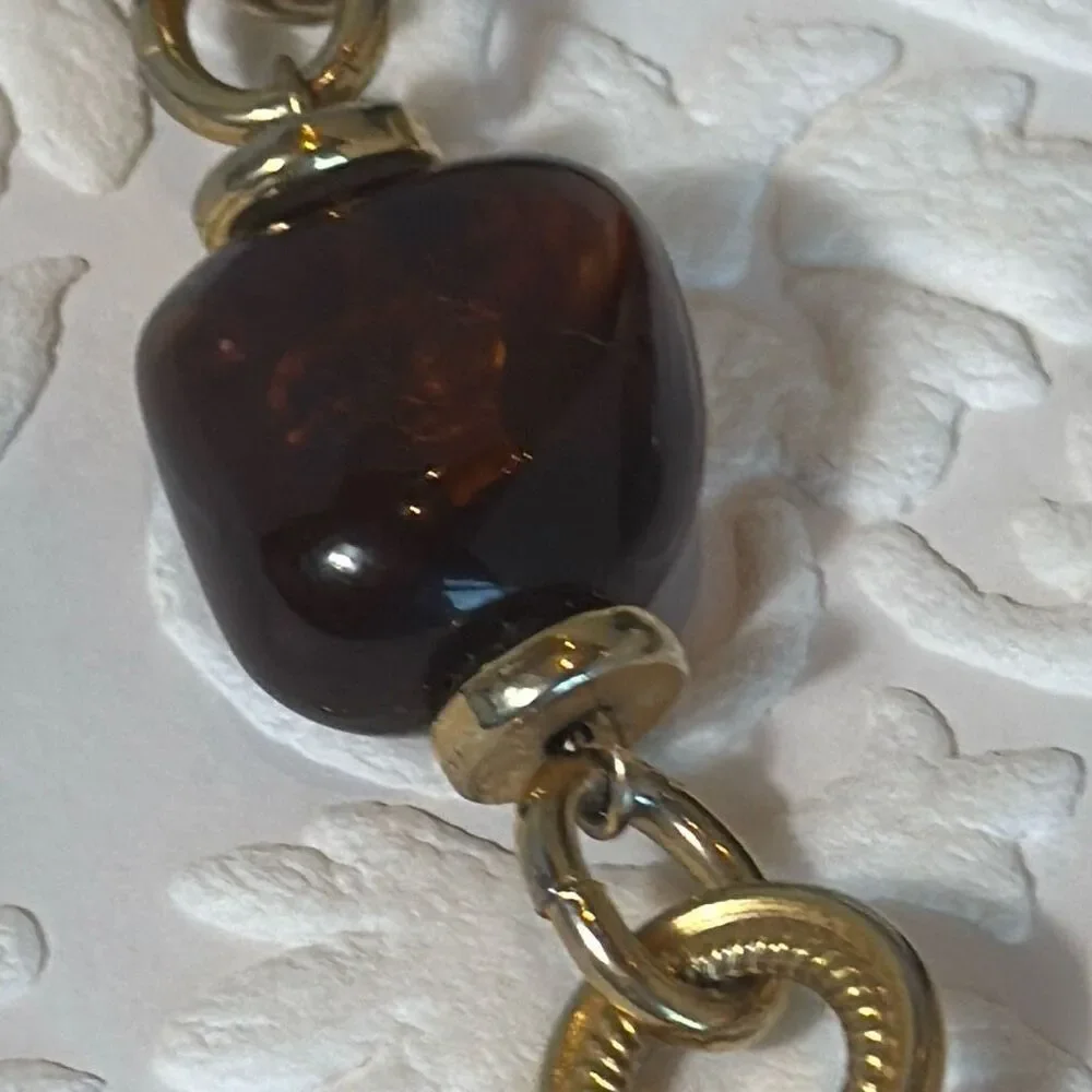 Vintage Gold Tone Long Chunky Chain Necklace With‎ Faux Amber Beads 30”